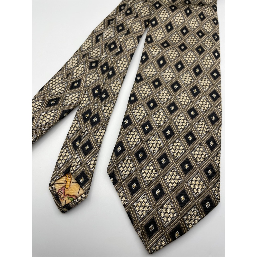 Bruno Piattelli Silk Tie Gold Black Geometric Diamond Venezia Map Lining Italy